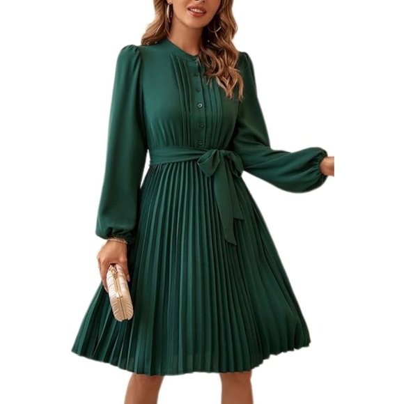 Long Sleeve Pleated Shirt Dress L Dark Green Buttons Puff Sleeves Tie Belt NEW - Picture 1 of 3